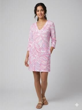 Stella Parker Collection Pink Palm Leaf V-Neck Tunic Dress Size XL 3/4 Sleeve